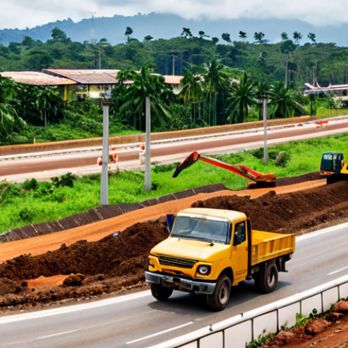 Home 19 **
A vibrant, bustling construction site in Malabo, Equatorial Guinea. Focus on the blend of modern highway construction slicing through lush, green jungle. Include workers in hard hats and construction vehicles. In the background, hint at modern airport expansion with planes taking off. The overall mood is energetic and forward-looking, representing the country's urban renaissance. Consider a cinematic, wide-angle shot.
**