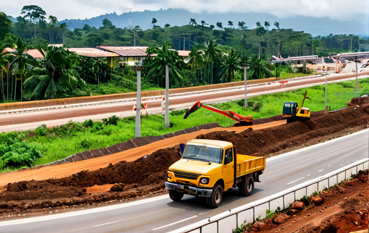 **
A vibrant, bustling construction site in Malabo, Equatorial Guinea. Focus on the blend of modern highway construction slicing through lush, green jungle. Include workers in hard hats and construction vehicles. In the background, hint at modern airport expansion with planes taking off. The overall mood is energetic and forward-looking, representing the country's urban renaissance. Consider a cinematic, wide-angle shot.
**