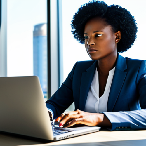 Home 18 A professional Equatorial Guinean businesswoman, fully clothed in a modest, contemporary business suit with subtle traditional fabric accents, working diligently on a laptop at a sleek desk in a sunlit, modern office. The background shows blurred elements of a thriving urban landscape through a large window, symbolizing economic growth. Her expression is focused and determined. Perfect anatomy, correct proportions, natural pose, well-formed hands, proper finger count. High-resolution professional photography, natural lighting, sharp focus, vibrant colors, safe for work, appropriate content, family-friendly.