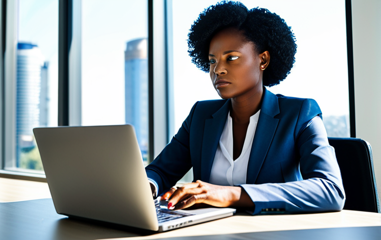 A professional Equatorial Guinean businesswoman, fully clothed in a modest, contemporary business suit with subtle traditional fabric accents, working diligently on a laptop at a sleek desk in a sunlit, modern office. The background shows blurred elements of a thriving urban landscape through a large window, symbolizing economic growth. Her expression is focused and determined. Perfect anatomy, correct proportions, natural pose, well-formed hands, proper finger count. High-resolution professional photography, natural lighting, sharp focus, vibrant colors, safe for work, appropriate content, family-friendly.