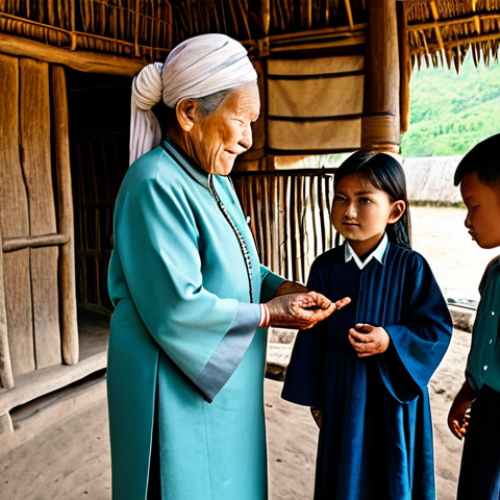 Home 17 A serene scene depicting Fang community life. An elder woman, fully clothed in modest, traditional attire, gently guides a young child through a small, symbolic ritual. Nearby, an elder man, also in traditional, professional dress, recounts stories to other children, fostering intergenerational connection. The setting is a central gathering space of a traditional Fang village, surrounded by modest family huts, bathed in soft, natural lighting. Professional photography, high detail, vibrant colors. Perfect anatomy, correct proportions, natural poses, well-formed hands, proper finger count, natural body proportions. Safe for work, appropriate content, fully clothed, family-friendly.