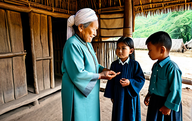 A serene scene depicting Fang community life. An elder woman, fully clothed in modest, traditional attire, gently guides a young child through a small, symbolic ritual. Nearby, an elder man, also in traditional, professional dress, recounts stories to other children, fostering intergenerational connection. The setting is a central gathering space of a traditional Fang village, surrounded by modest family huts, bathed in soft, natural lighting. Professional photography, high detail, vibrant colors. Perfect anatomy, correct proportions, natural poses, well-formed hands, proper finger count, natural body proportions. Safe for work, appropriate content, fully clothed, family-friendly.