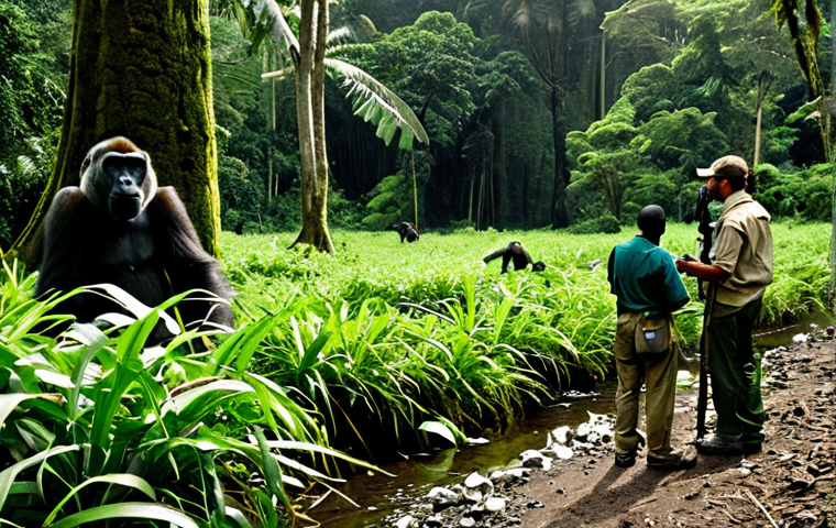 Uola National Park - Primate Research**
"A wildlife researcher, fully clothed in khaki field attire, carefully observes a Cross River gorilla family in the dense rainforest of Uola National Park, Equatorial Guinea. The gorillas are foraging peacefully. Sunlight filters through the thick canopy. Background: Lush green vegetation, camera trap visible on a nearby tree. Appropriate content, safe for work, professional wildlife photography, perfect anatomy, natural proportions, well-formed hands, proper finger count, fully clothed, modest clothing, family-friendly."
**