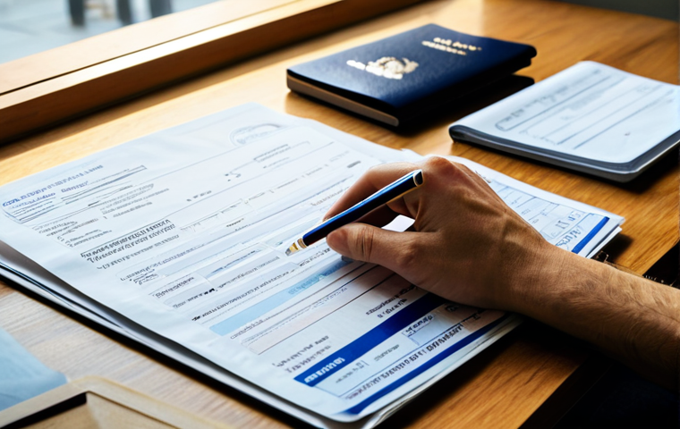 적도 기니 비자 발급 방법 - **Subject:** A traveler, fully clothed in appropriate travel attire, meticulously organizing documen...