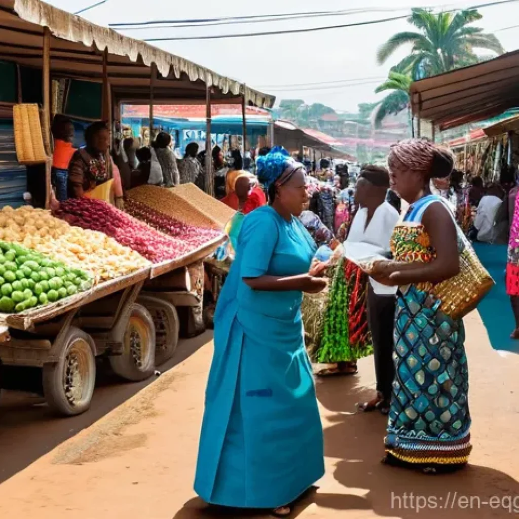 적도 기니의 공식 언어와 사용 언어 - **"A vibrant, bustling outdoor market in Malabo, Equatorial Guinea, on a sunny morning. Local vendor...