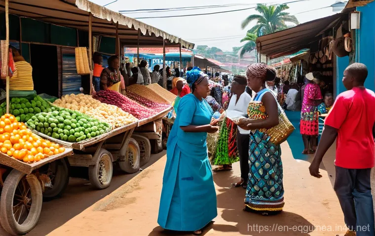 적도 기니의 공식 언어와 사용 언어 - **"A vibrant, bustling outdoor market in Malabo, Equatorial Guinea, on a sunny morning. Local vendor...
