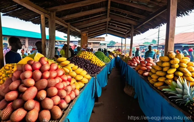 적도 기니에서 먹을 수 있는 거리 음식 - **Prompt 1: Vibrant Malabo Market Morning**
    A wide, eye-level shot capturing the bustling energy...