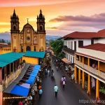 적도 기니의 관광산업 전망 - **Prompt:** A vibrant, bustling street scene in Malabo, Equatorial Guinea, at sunset. Spanish coloni...