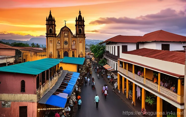 적도 기니의 관광산업 전망 - **Prompt:** A vibrant, bustling street scene in Malabo, Equatorial Guinea, at sunset. Spanish coloni...