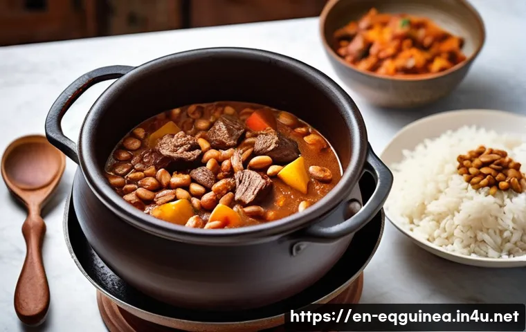 적도 기니의 미식 요리 - **Prompt:** A warm and inviting scene in an Equatorial Guinean kitchen. In the center, a large, rust...