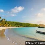 적도 기니의 해변과 추천 여행 코스 - A serene and secluded tropical beach scene on Corisco Island during golden hour, featuring soft gold...