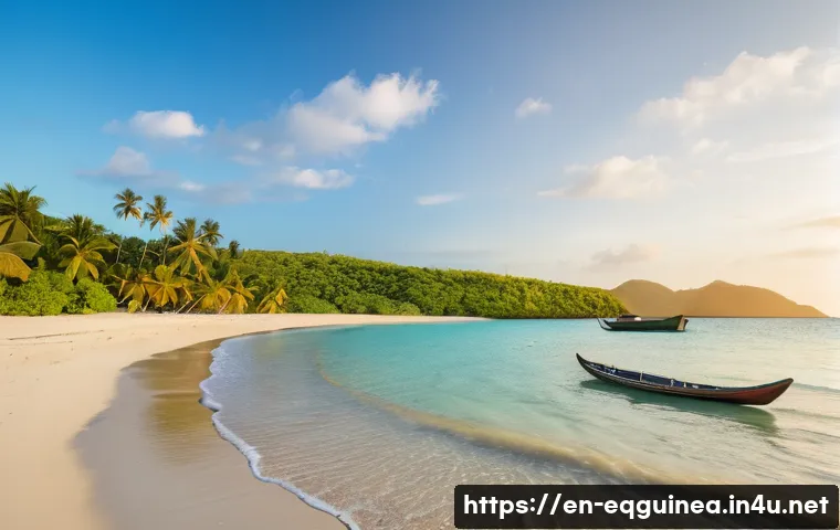 적도 기니의 해변과 추천 여행 코스 - A serene and secluded tropical beach scene on Corisco Island during golden hour, featuring soft gold...