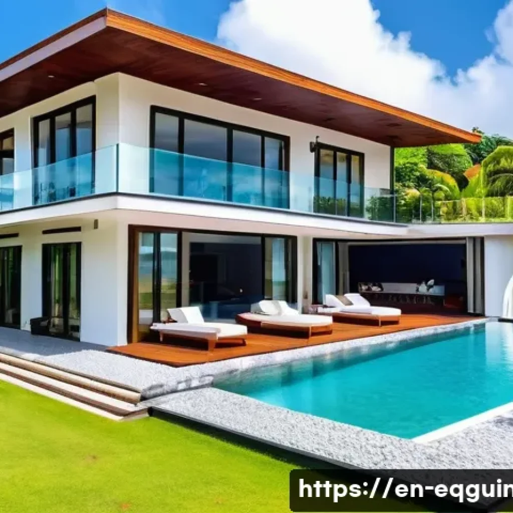적도 기니의 주택 시장과 부동산 투자 - A luxurious modern villa in Malabo featuring tropical architectural influences, surrounded by lush g...