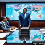 적도 기니의 유명 인물 및 영향력 있는 정치인 - A detailed digital illustration of a modern political strategy room in Equatorial Guinea featuring a...