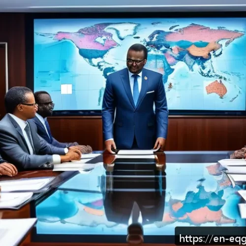 적도 기니의 유명 인물 및 영향력 있는 정치인 - A detailed digital illustration of a modern political strategy room in Equatorial Guinea featuring a...