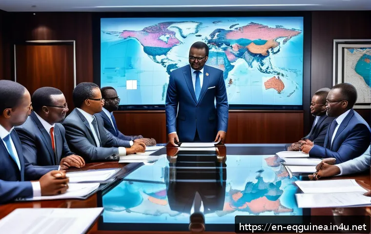 적도 기니의 유명 인물 및 영향력 있는 정치인 - A detailed digital illustration of a modern political strategy room in Equatorial Guinea featuring a...