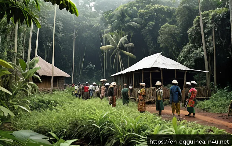 적도 기니와 카메룬 국경 문제 - A detailed, realistic scene depicting a dense Central African border forest area between Equatorial ...
