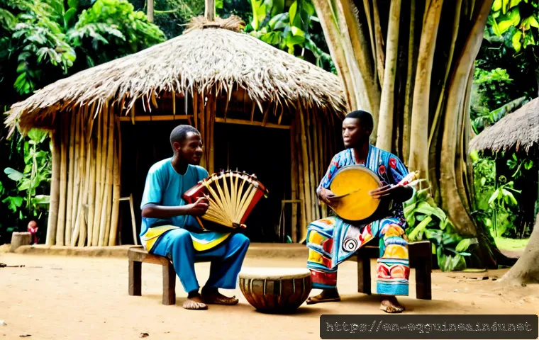 적도 기니의 전통 음악과 춤 - Photorealistic cultural scene in a rural Fang village in Equatorial Guinea, a skilled musician seate...